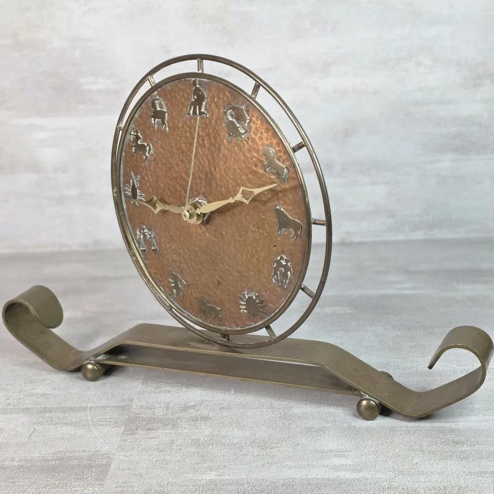 VTG Rare Art Deco Hammered Copper Zodiac Table Mantel Clock Brass Footed Works